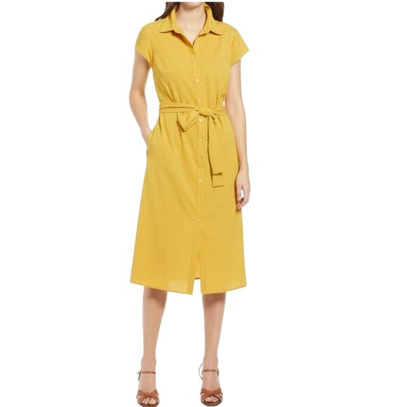 Halogen Women’s Mustard Button Front Collared Shirt Dress Size Large (Size 1) - Picture 1 of 8